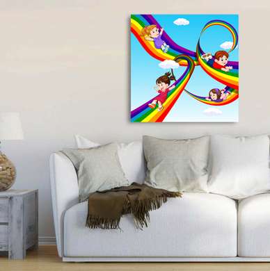 Poster - Children and rainbow, 40 x 40 см, Canvas on frame