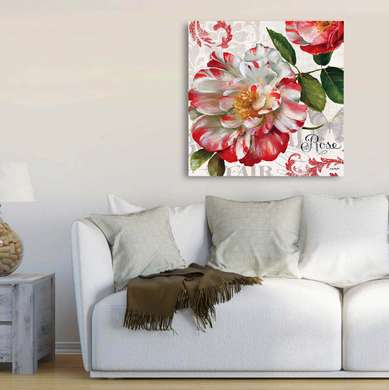 Постер - Красно белый винтажный цветок, 100 x 100 см, Постер на Стекле в раме, Прованс