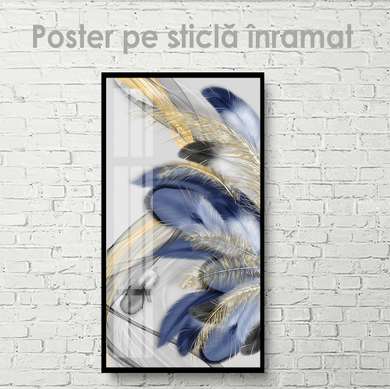 Постер - Голубые перья, 45 x 90 см, Постер на Стекле в раме, Гламур