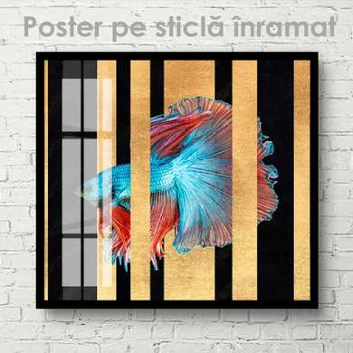 Постер, Синяя рыбка с красными плавниками, 40 x 40 см, Холст на подрамнике, Животные