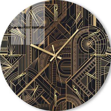 Glass clock - Golden geometry on a black background, 40cm