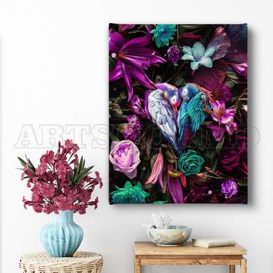 Poster - Multicolored parrots in flowers, 60 x 90 см, Framed poster on glass, Animals