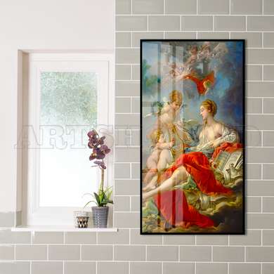 Poster - Cupidon și fata eleganta, 45 x 90 см, Poster inramat pe sticla, Picturi