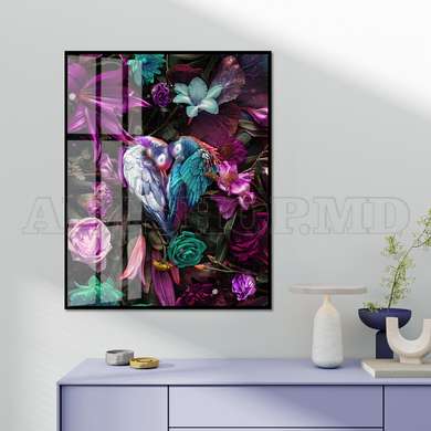 Poster - Multicolored parrots in flowers, 60 x 90 см, Framed poster on glass, Animals