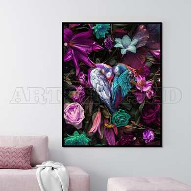 Poster - Multicolored parrots in flowers, 60 x 90 см, Framed poster on glass, Animals