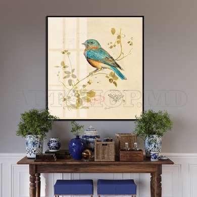 Poster - Blue bird on a branch, 60 x 90 см, Framed poster, Provence