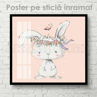 Poster - Bunny with a wreath on his head, 100 x 100 см, Framed poster on glass, For Kids