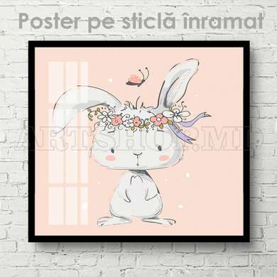 Poster - Iepuraș cu o coroană de flori pe cap, 100 x 100 см, Poster inramat pe sticla, Pentru Copii