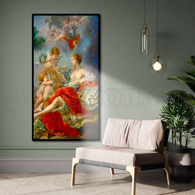 Poster - Cupidon și fata eleganta, 45 x 90 см, Poster inramat pe sticla, Picturi