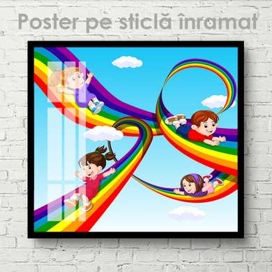 Poster - Copii și curcubeu, 100 x 100 см, Poster inramat pe sticla