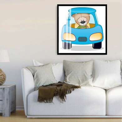 Poster - Ursuleț de pluș care conduce o mașină, 40 x 40 см, Panza pe cadru, Pentru Copii