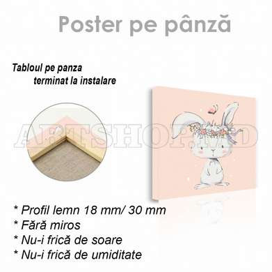 Poster - Iepuraș cu o coroană de flori pe cap, 100 x 100 см, Poster inramat pe sticla, Pentru Copii