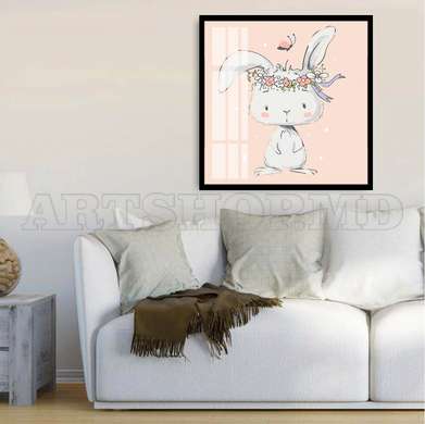 Poster - Bunny with a wreath on his head, 100 x 100 см, Framed poster on glass, For Kids