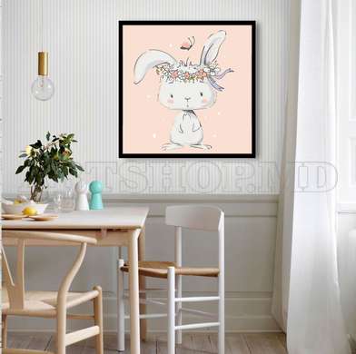 Poster - Bunny with a wreath on his head, 100 x 100 см, Framed poster on glass, For Kids