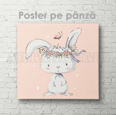 Poster - Bunny with a wreath on his head, 100 x 100 см, Framed poster on glass, For Kids