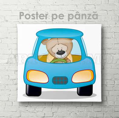Постер - Мишка за рулем авто, 100 x 100 см, Постер на Стекле в раме, Для Детей