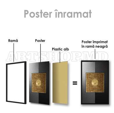 Poster - Golden sun in black-grey background, 60 x 90 см, Framed poster on glass, Abstract