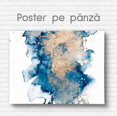 Постер - Золотые с синем краски, 45 x 30 см, Холст на подрамнике, Абстракция