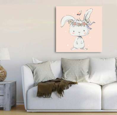 Poster - Bunny with a wreath on his head, 100 x 100 см, Framed poster on glass, For Kids