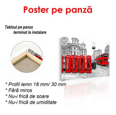 Poster - Red telephone boxes and a red bus on the background of the city, 90 x 60 см, Framed poster, Black & White