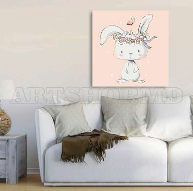 Poster - Bunny with a wreath on his head, 100 x 100 см, Framed poster on glass, For Kids