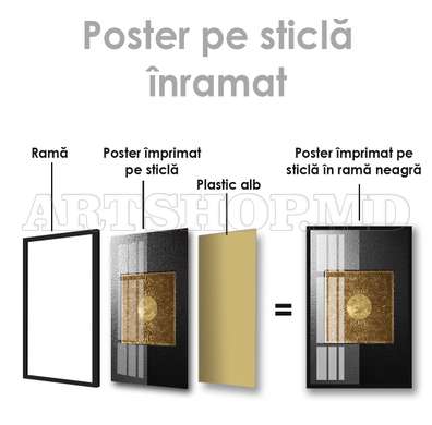 Poster - Golden sun in black-grey background, 60 x 90 см, Framed poster on glass, Abstract