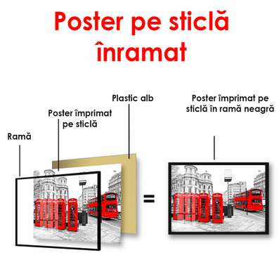 Poster - Red telephone boxes and a red bus on the background of the city, 90 x 60 см, Framed poster, Black & White