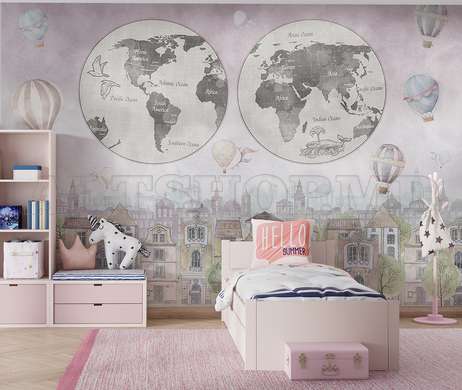 Wall Mural - Earth with World Map and city buildings in pink