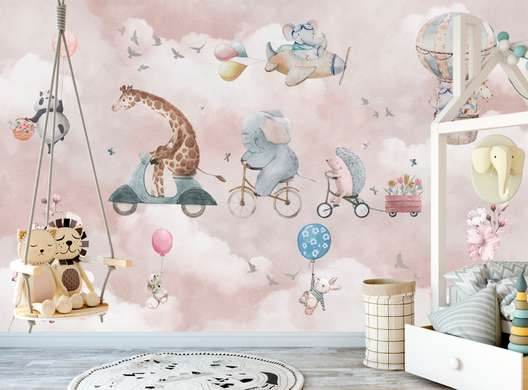 Nursery Wall Mural - Cute animals on bicycles on a pink background