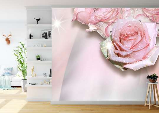 Fototapet 3D - Trandafiri roz cu picături de rouă pe un fundal roz pal