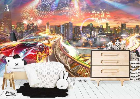 Wall Mural - Red, fiery car on the background of the city and fireworks