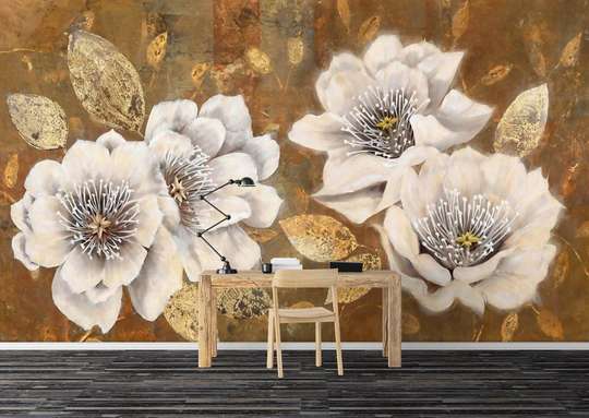 Wall Mural - Delicate flowers on a brown background.