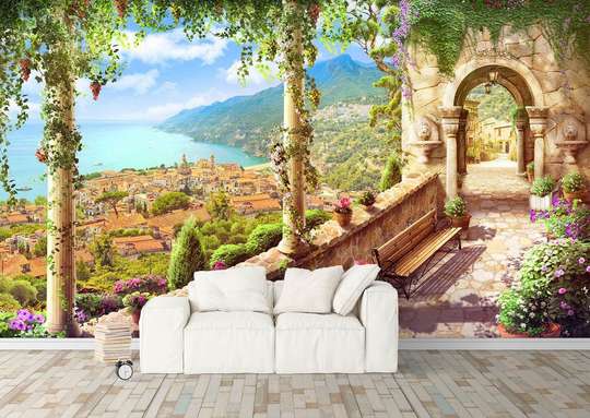 Photo wallpaper with a view from the balcony to the lake landscape.