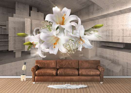 3D Wallpaper - White lily on the background of a wooden tunnel.