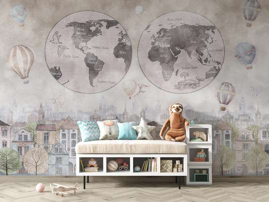 Wall Mural - Earth with World Map and city buildings in pink