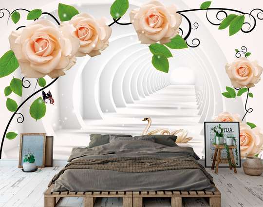 3D Wallpaper - Peach Roses and swans on the background of the tunnel