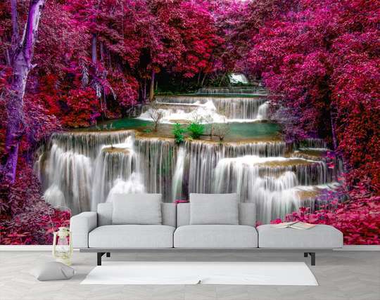 Wall Mural - Pink plants near the waterfall