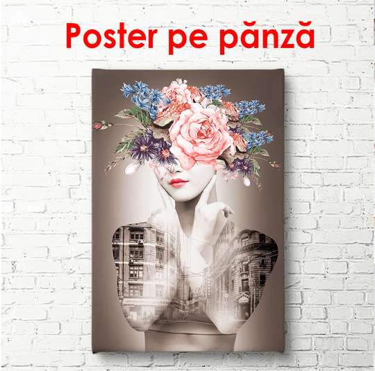 Poster - Portret de femeie frumoasă pe fundalul clădirii, 30 x 60 см, Panza pe cadru, Glamour