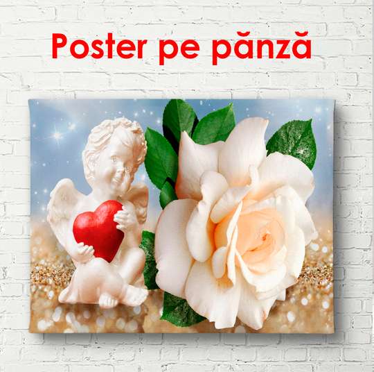 Постер - Ангелочек рядом с розой, 90 x 60 см, Постер в раме, Цветы