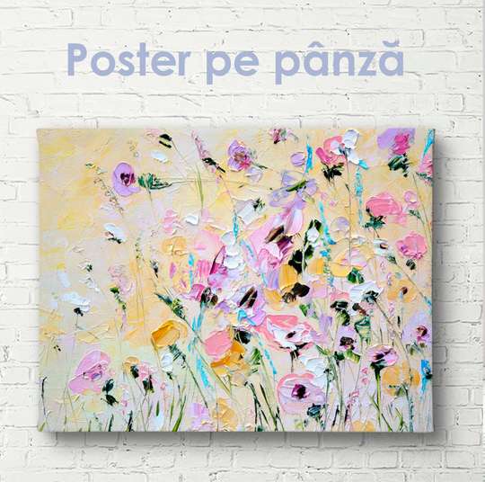 Poster - Pictura unui câmp de flori în vopsele de ulei, 45 x 30 см, Panza pe cadru