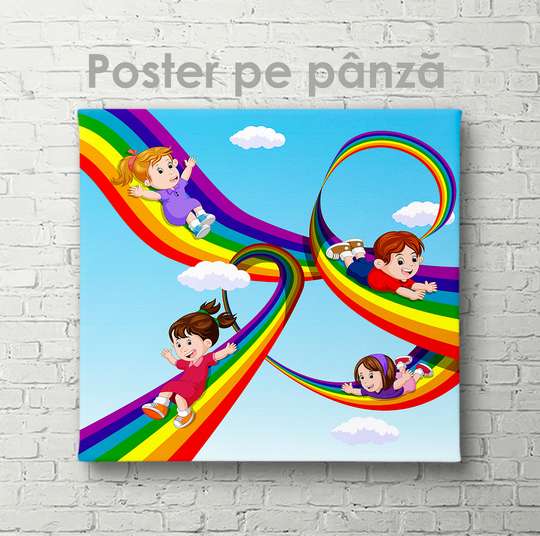 Poster - Copii și curcubeu, 40 x 40 см, Panza pe cadru
