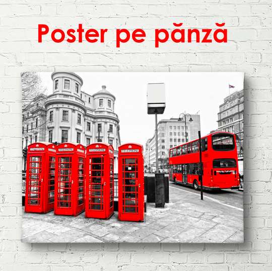 Poster - Red telephone boxes and a red bus on the background of the city, 90 x 60 см, Framed poster