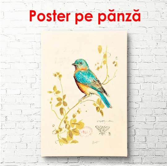 Постер - Голубая птичка на ветке, 60 x 90 см, Постер в раме