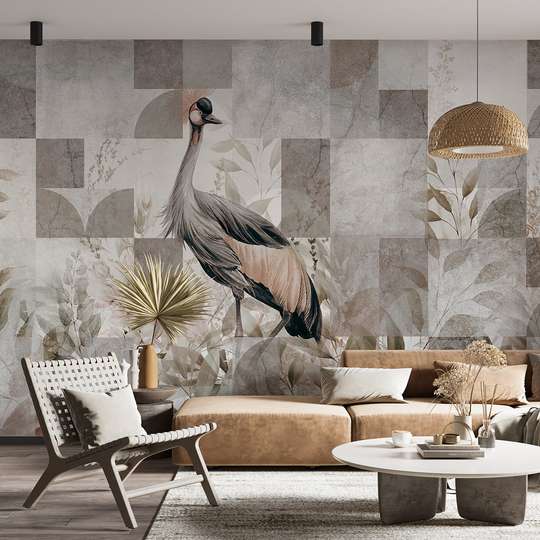 Wall mural - Exotic bird and geometric elements, fresco style, warm shades