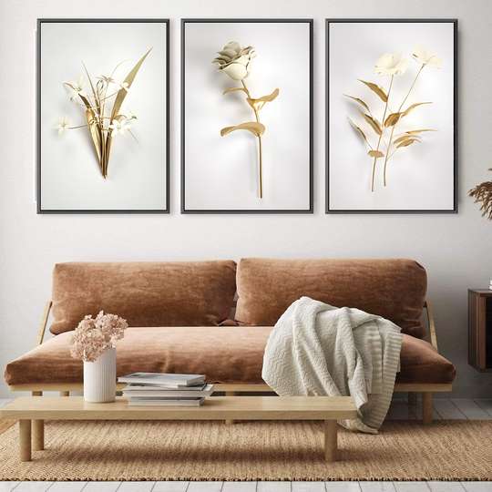 Poster - White flowers and golden leaves 3, 60 x 90 см, Framed poster on glass, Sets