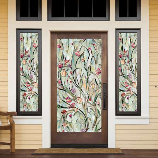 Window Privacy Film, Decorative stained glass window with red flowers, 60 x 90cm, Transparent