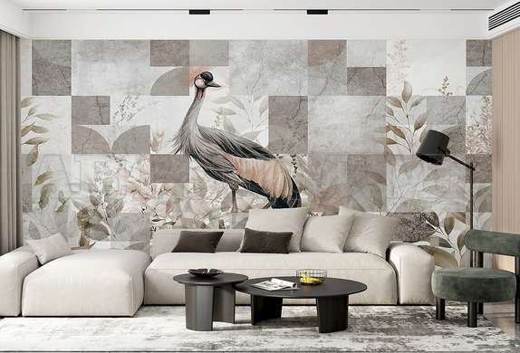 Wall mural - Exotic bird and geometric elements, fresco style, warm shades