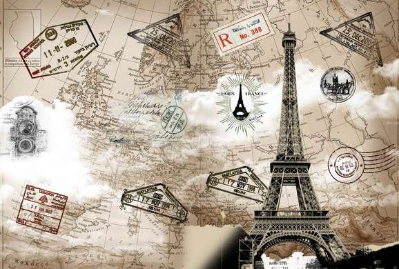 Wall Mural - Eiffel tower on brown map background