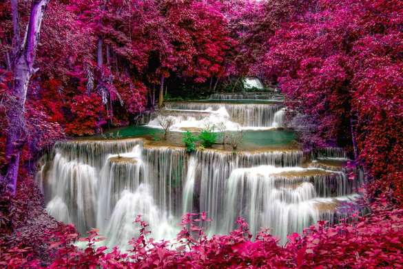 Фотообои - Розовые растения возле водопада