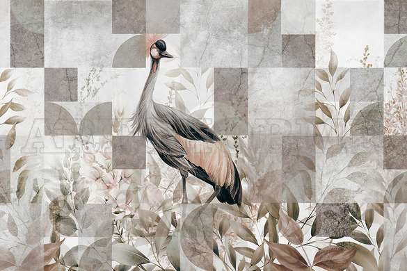 Wall mural - Exotic bird and geometric elements, fresco style, warm shades